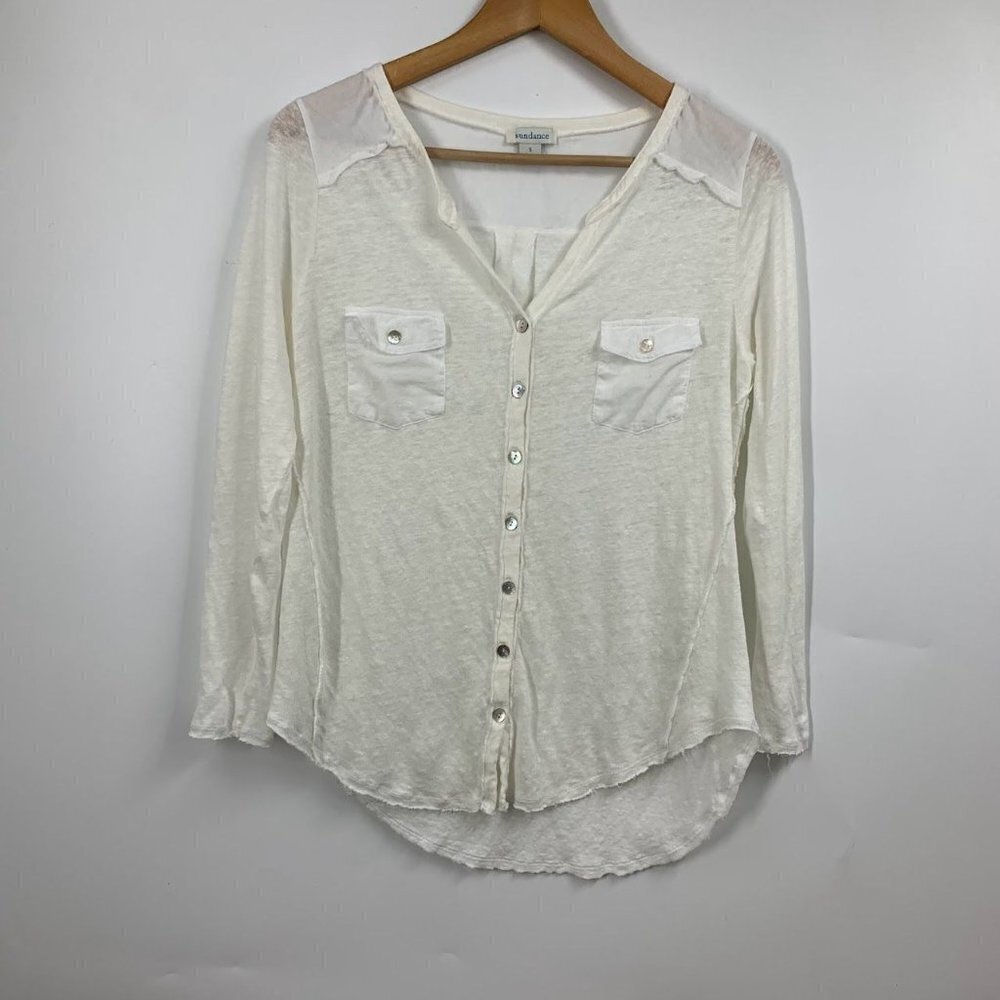 Sundance Women's V Neck Knit Linen Long Sleeve Button Up Shirt Size S